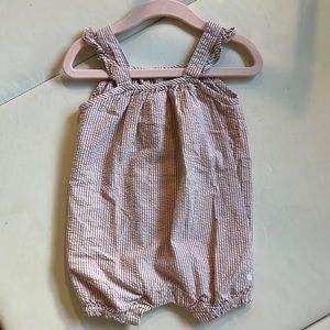 Seersucker pink striped ruffle sleeve baby romper
